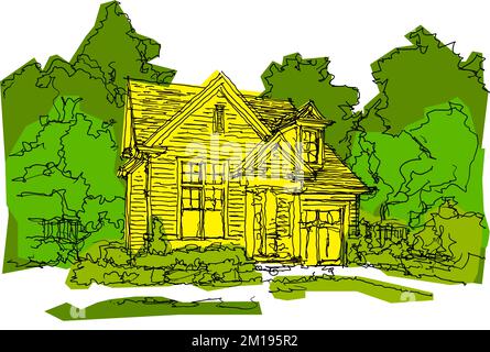 hand drawn architectural sketch of beautiful classic detached village house with garden  and trees Stock Photo