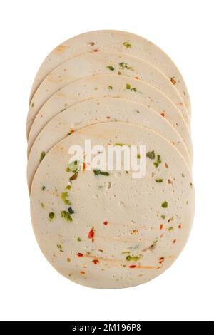 Vegetarian boiled sausage with green olives and red paprika isolated on white background, top view Stock Photo