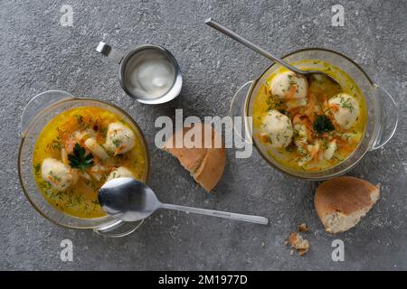 Soup with meatballs and herbs, lunch menu, healthy food Stock Photo