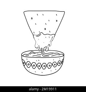 Nachos dipped in salsa in hand drawn doodle style. Vector illustration of latin american food. Fast food Stock Vector