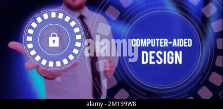 Text caption presenting Computer Aided Design. Business overview CAD industrial designing by using electronic devices Stock Photo