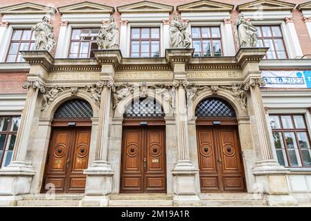 Vienna, Austria - October 14, 2022: Facade of the Evangelische Volksschule am Karlsplatz 14 in Vienna, Austria Stock Photo