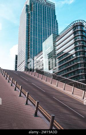 Detail of Water Street Bridge opened. Buildings in background include Citigroup Centre & HSBC Tower, Canary Wharf, London. Stock Photo