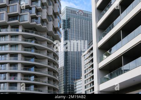 Detail of high-rise residential & commercial buildings including Citigroup Centre. Curved balconies. Canary Wharf. Child's balloon on balcony. Stock Photo