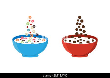 Cereal milk breakfast. Bowls with different flakes. Healthy food vector Stock Vector