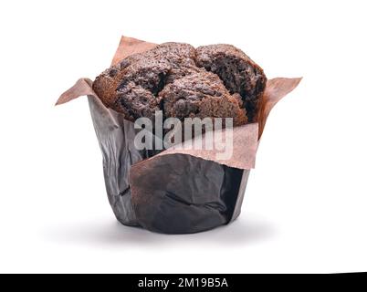 Chocolate muffin in brown paper isolated on white Stock Photo