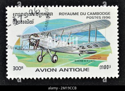 Cancelled postage stamp printed by Cambodia, that shows Airplane Boeing 40B, 1928, circa 1991. Stock Photo