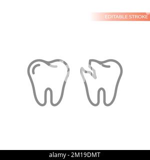 Dental tooth healthy and with caries vector icon. Cavities outlined vector icon. Stock Vector