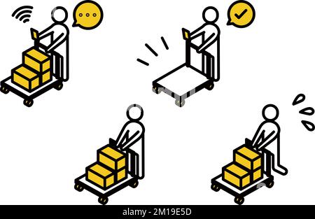 Simple line drawing of a person making a delivery using a cart, DX, IT, logistics, distribution Stock Vector
