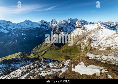 Top of the Schilthorn and view of Breithorn and Bernese Swiss alps, Switzerland Stock Photo