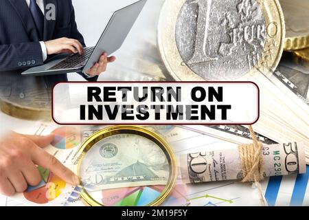 Business concept. Photo collage of photographs on financial topics, the inscription in the center - RETURN ON INVESTMENT Stock Photo