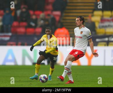 Jacob Greaves #4 of Hull City passes the ball during the Sky Bet Championship match Watford vs Hull City at Vicarage Road, Watford, United Kingdom, 11th December 2022  (Photo by Gareth Evans/News Images) Stock Photo