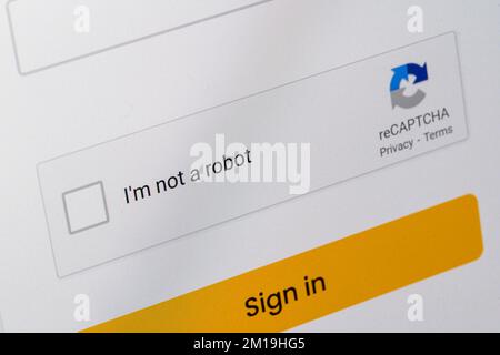A reCAPTCHA verification on a website requiring the user to show that they're human and not a robot trying to spam or automate data extraction Stock Photo
