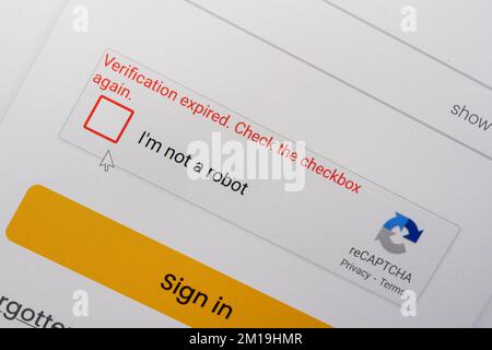 A reCAPTCHA verification expired on a website requiring the user to show that they're human and not a robot trying to spam or automate data extraction Stock Photo