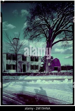 Topsfield, Kinsmans Farm, snow , Architecture, Farms, Stone walls, Trees, Snow. Samuel Chamberlain Photograph Negatives Collection Stock Photo