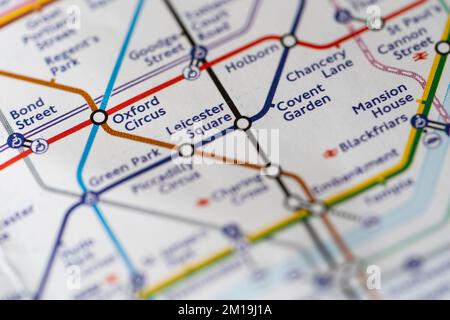 Macro closeup with a shallow depth of field of a London Underground Tube Map showing zones and Oxford Circus tube station Stock Photo