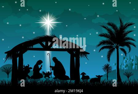 Scene of the Nativity of Jesus Christ. Christmas, the scene of Christmas. Christmas night. Stock Vector