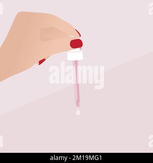 Serum pipette in hand on pink background Stock Vector