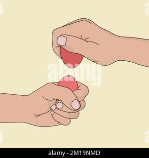 Easter eggs cracking. Hands holding red painted eggs vector illustration. Stock Vector