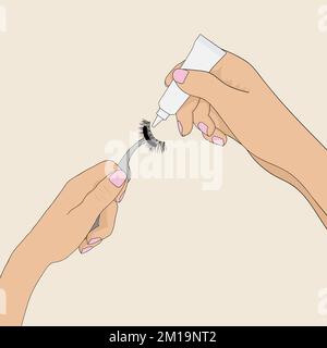 Woman applies glue to the false eyelashes vector illustration Stock Vector