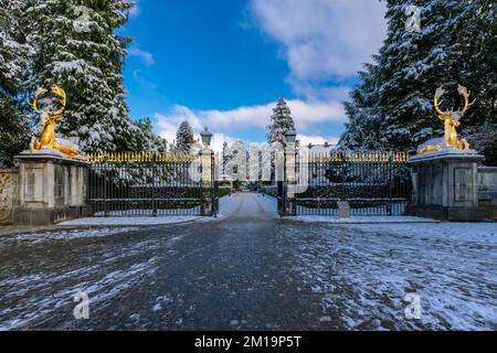 The baroque entrance to the Wenkenpark in Riehen guarded by two gilded deer modeled after the French sculptor Jean Goujon (XVI century), Basel-Stadt c Stock Photo