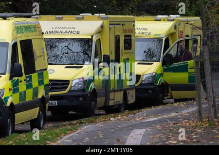 Windsor, Berkshire, UK. 24th November, 2022. London Emergency Ambulances parked up in a quiet street in Windsor, Berkshire where new ambulance workers were being trained how to drive ambulances. Ambulance workers in the UK are set to strike on 21st and 28th December 2022 regarding pay. Credit: Maureen McLean/Alamy Stock Photo