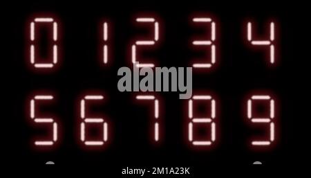 Vintage style glowing digital clock number set isolated on black background. 3d render. Stock Photo