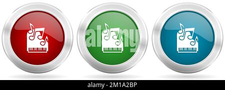 Piano, music vector icon set. Red, blue and green silver metallic web buttons with chrome border Stock Vector