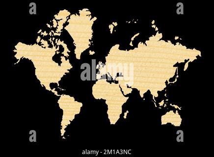 Detailed decorative world map cut from wood texture pine, transparent world map showing continents, isolated on black background Stock Photo