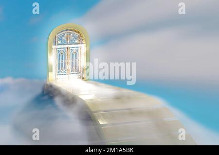 Heavens doors with stairs to to sky. Heavens gate. Stock Photo