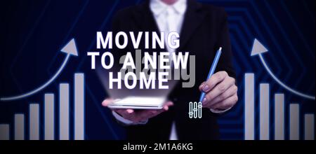 Conceptual caption Moving To A New Home. Word for help moves the possessions from one site to another Stock Photo
