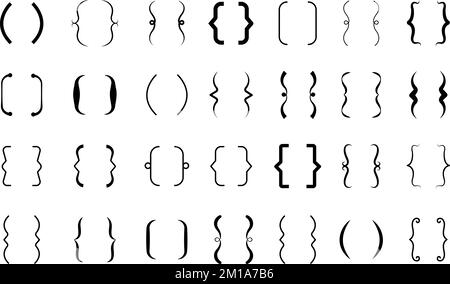 Text brace, speech bracket set. Parentheses icon vintage calligraphic curly decorations. Punctuation signs, black line typography decent vector kit Stock Vector