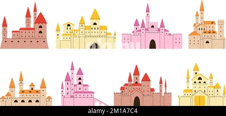Cartoon castles exterior set. Doodle palace medieval, isolated flat castle towers and bastions. Princess fairy tale buildings, decent vector ancient Stock Vector