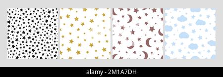 Stars seamless pattern set. Black golden star textures, simple moon and clouds background. Vector textile prints basic shapes, baby cloth design or Stock Vector