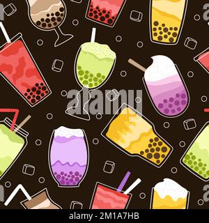 Bubble tea seamless pattern. Bubbles boba drink, milk shakes background. Sweet breakfast, cartoon kitchen or cafe decent vector textile print Stock Vector