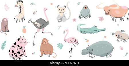 Cute wild animal characters. Zebra koala and hippo, fatty flat tiger. Funny childish animals, isolated cartoon african safari nowaday vector kit Stock Vector