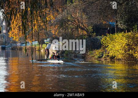 Stratford upon Avon, Warwickshire, England UK: Rowers in a racing shell on the river Avon, with colourful autumn foliage reflected in the water. Stock Photo