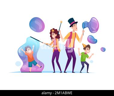 Bubble show. water entertainment for kids. vector cartoon characters with soap big bubbles Stock Vector