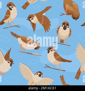 Sparrows pattern. Textile design project with flying chrisp moving birds exact vector seamless template Stock Vector