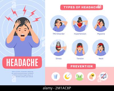 Headache pain infographic. Symptoms of headache various treatment method recent vector template with place for text Stock Vector