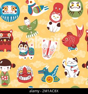 Japanese toys pattern. Lucky and fortune items maneki cat recent vector seamless background Stock Vector