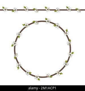 Seamless pattern with net of the cord and white spring flowers. Colored vector background with objects on white. Stock Vector