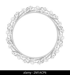 Round frame of rope with branches and flowers of lavender. Black and white vector illustration on a white background. Stock Vector