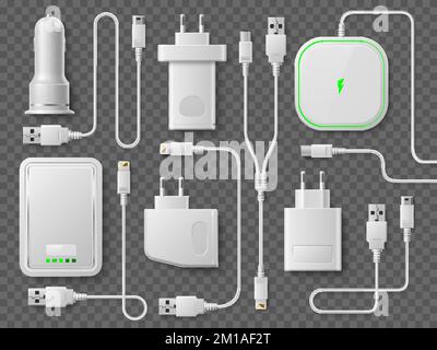Realistic white phone charger. Power cable with different ports, laptop and smartphones connectors, mobile usb socket, wireless battery, 3d isolated Stock Vector