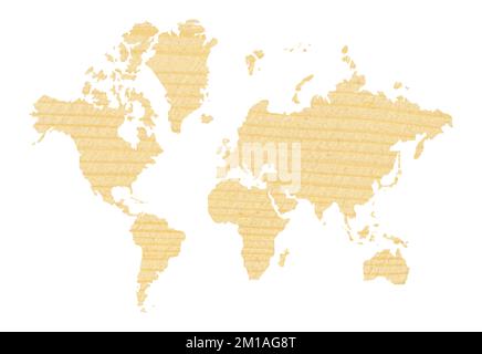 Detailed decorative world map cut from wood texture pine, transparent world map showing continents, isolated on white background Stock Photo