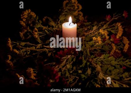 One Candle Burning in the Midst of Flowers Stock Photo