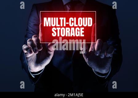 Text caption presenting Multi Cloud Storage. Business overview use of multiple cloud computing and storage services Stock Photo