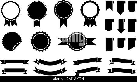 Black ribbons and badges, winner rosettes graphic silhouettes. Isolated decorative ribbon for banners, flyers. Business, competition, education vector Stock Vector