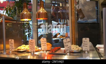 CHICAGO, ILLINOIS, UNITED STATES - DEC 15, 2015: Shop window of a butcher in a Chicago suburb with many German immigrants Stock Photo