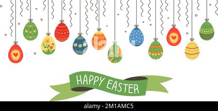 Easter hanging eggs spring banner. Decorative seasonal festive background. Happy holidays classy vector poster with colorful decorative egg Stock Vector
